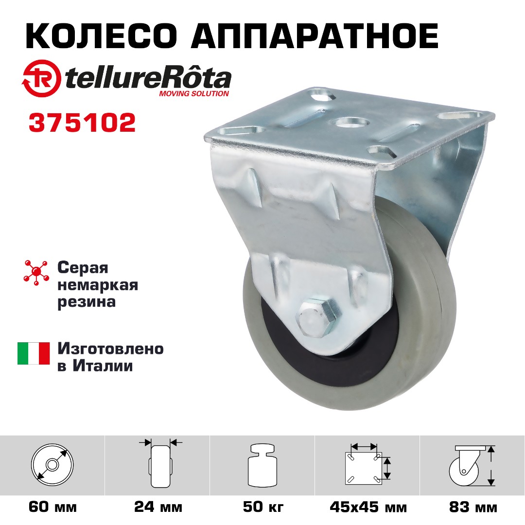 Колесо аппаратное Tellure Rota 375102 неповоротное, Ø 60 мм, нагрузка 50 кг, серая резина, полипропилен