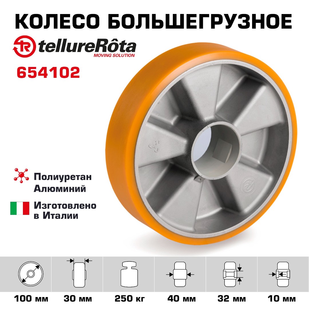 Колесо большегрузное Tellure Rota 654102 под ось, Ø 100 мм, нагрузка 250 кг, полиуретан TR, алюминий