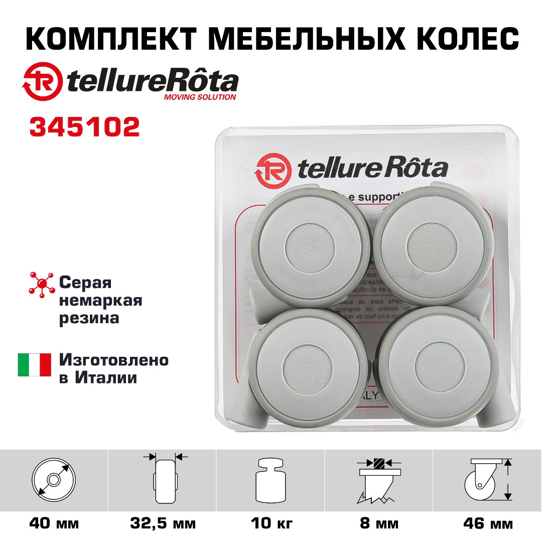 Комплект колес Tellure Rota 345102 из 4-х поворотных опор, Ø 40 мм, нагрузка 10кг, серая резина, полипропилен