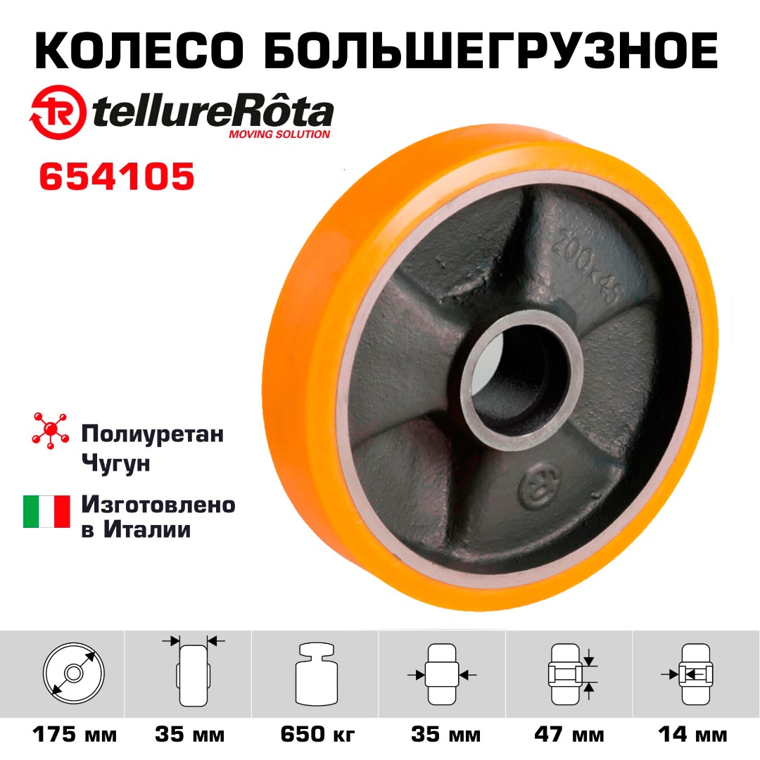 Колесо под ось Tellure Rota 654105 Ø 175 мм, г/п 650 кг, полиуретан TR, чугун, без подшипника